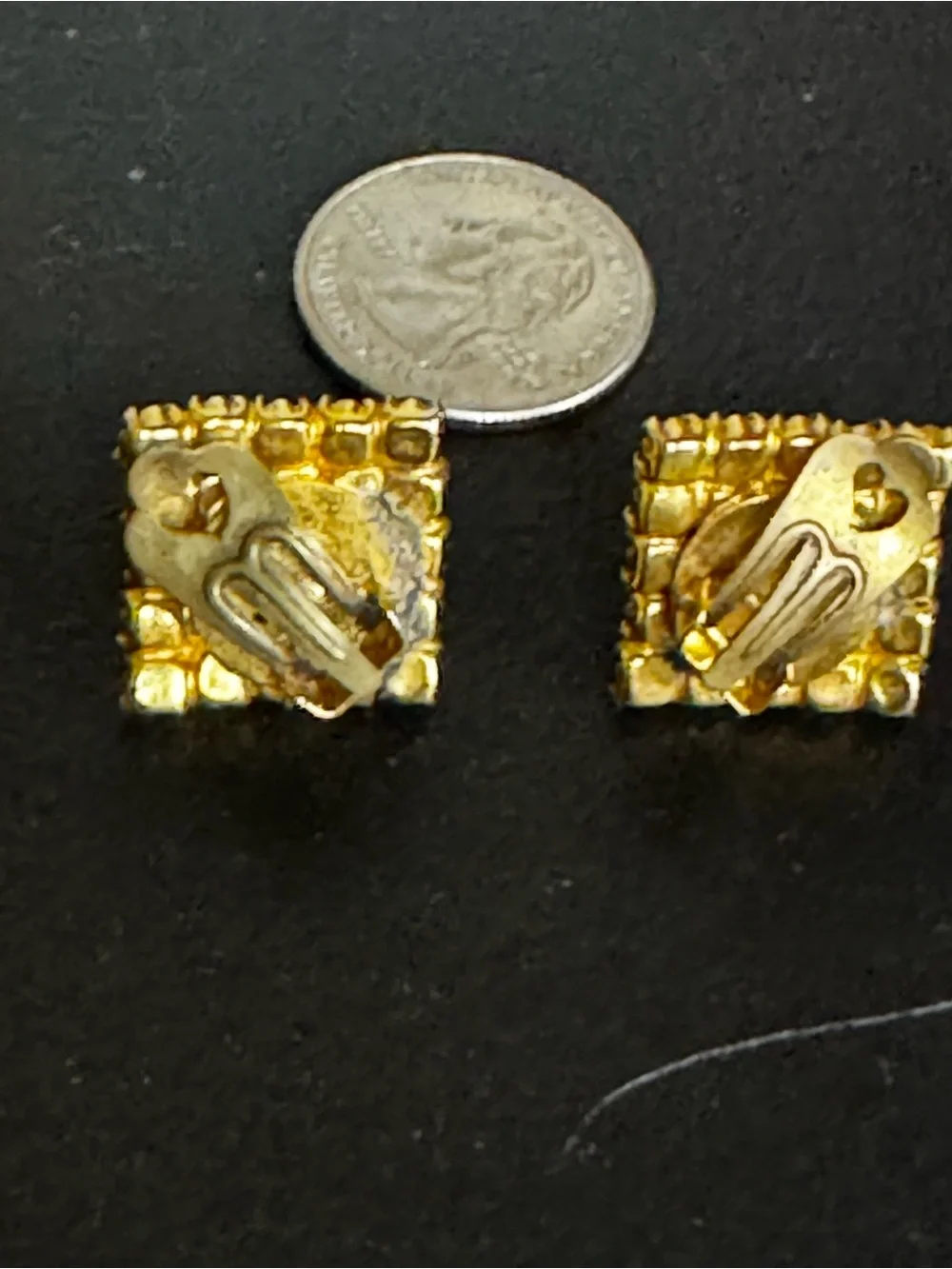 Vintage Gold and Black Pearl Accent Square Clip-On Earrings